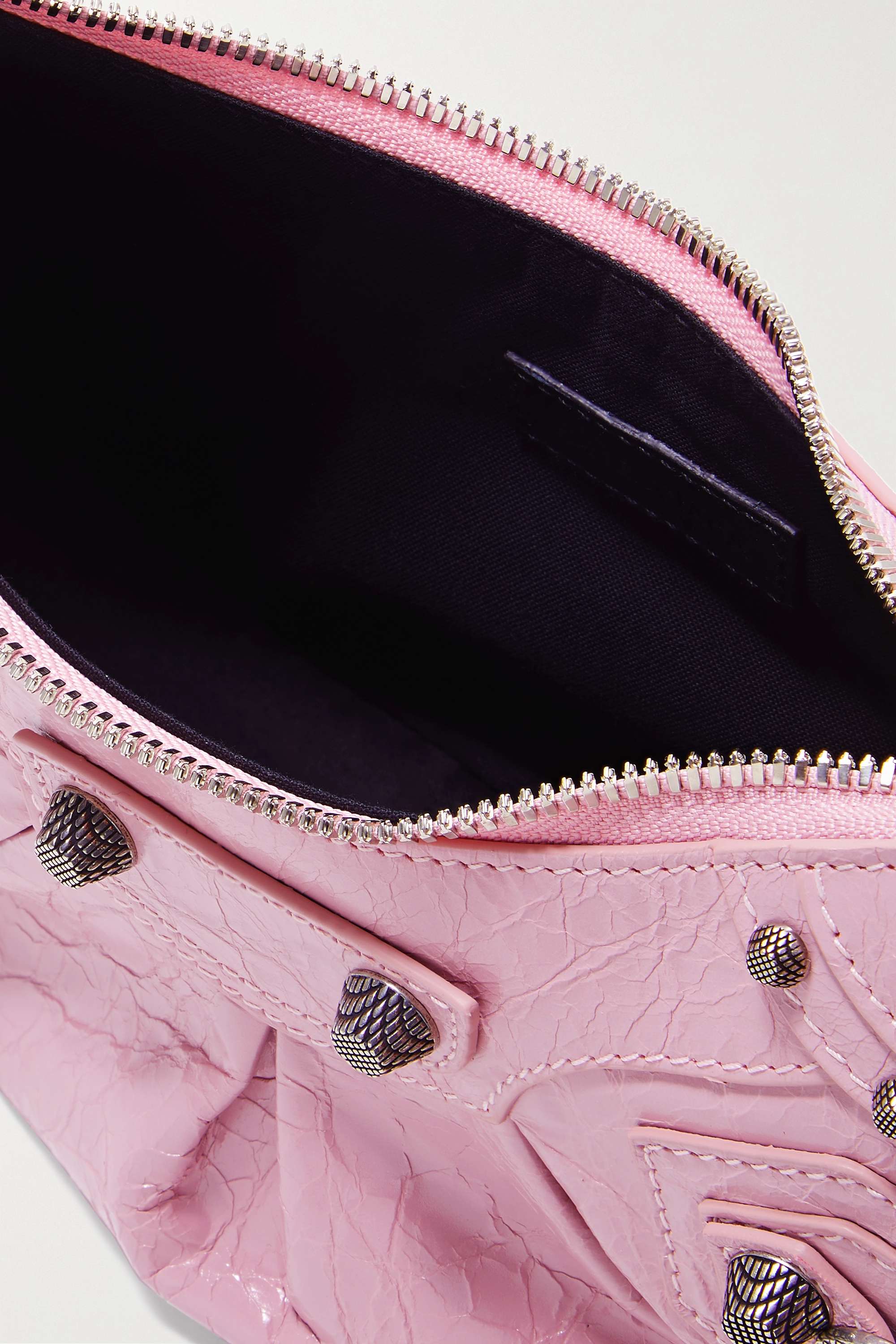 BALENCIAGA Le Cagole XS studded crinkled-leather shoulder bag pink