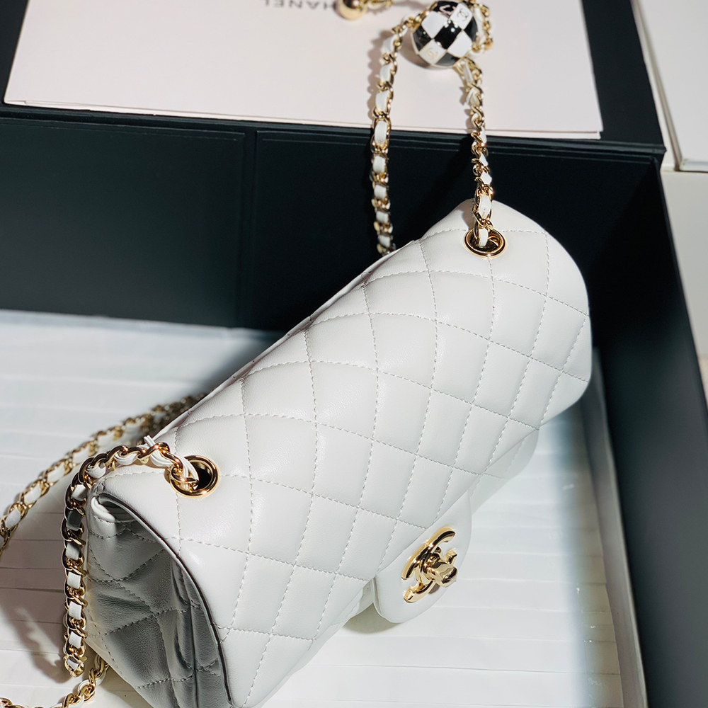 Chanel Classic Flag Bag Pearl Crush Mini Square Flap Bag White   Light Gold Hardware