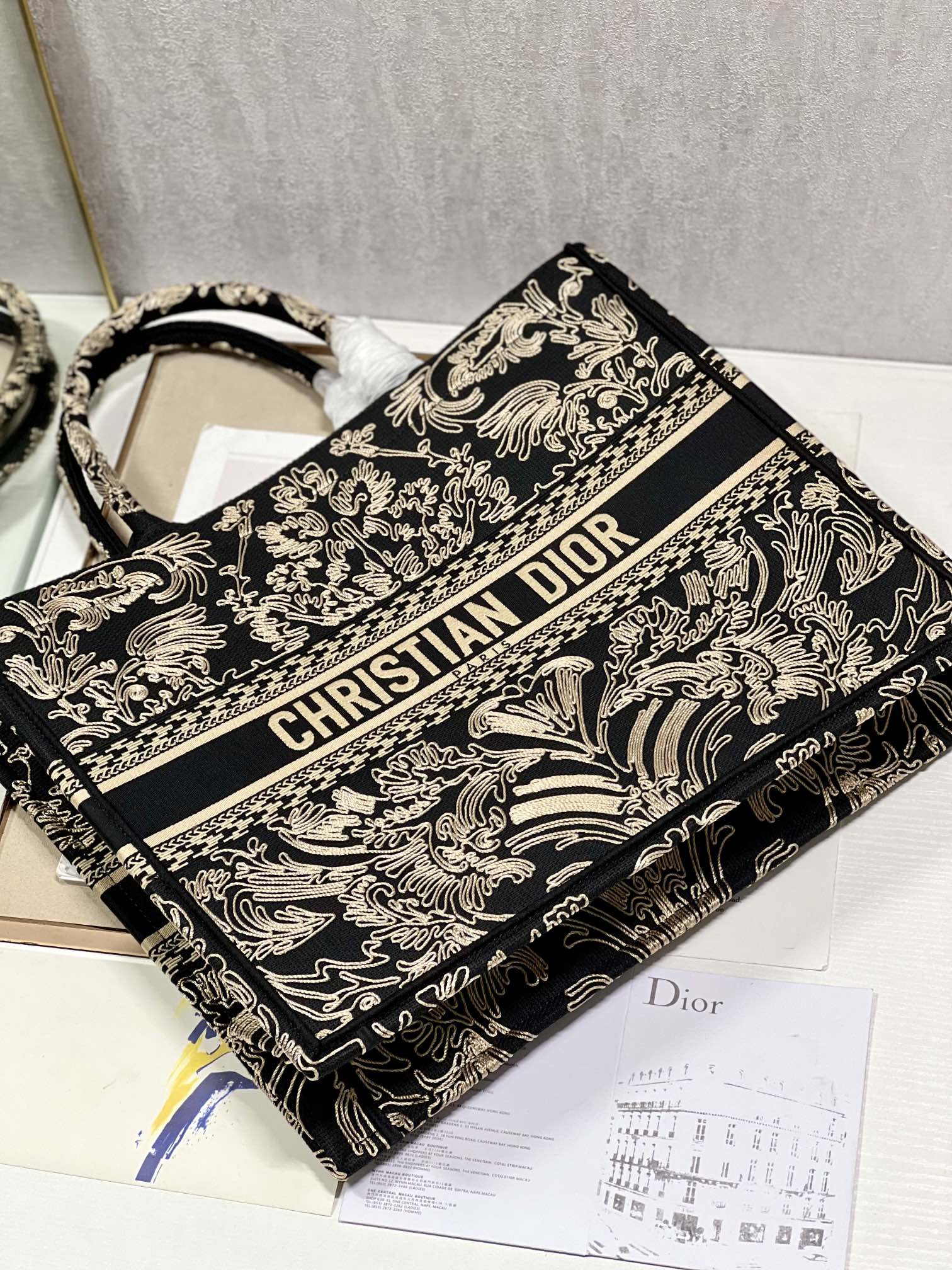 Dior Book Tote Large Black and White Ornamental Cornely-Effect Embroidery M1286ZMDR_M03C