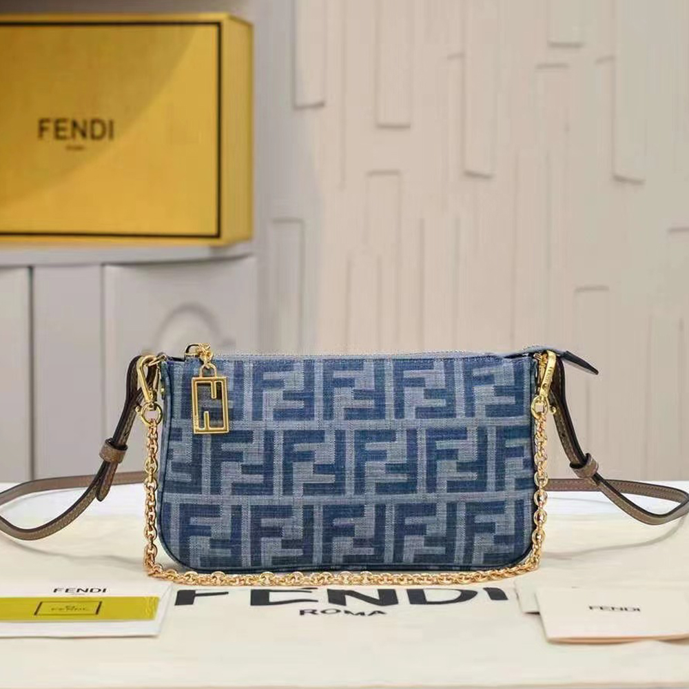 Fendi Baguette Light blue FF chain denim clutch bag
