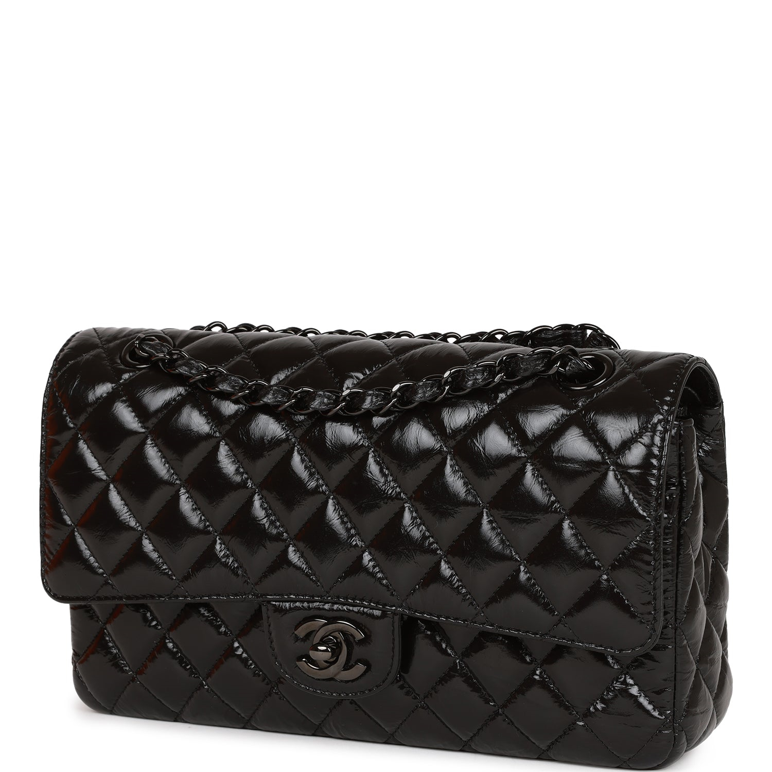 Chanel Shiny Crumpled Calfskin Quilted Medium Double Flap So Black