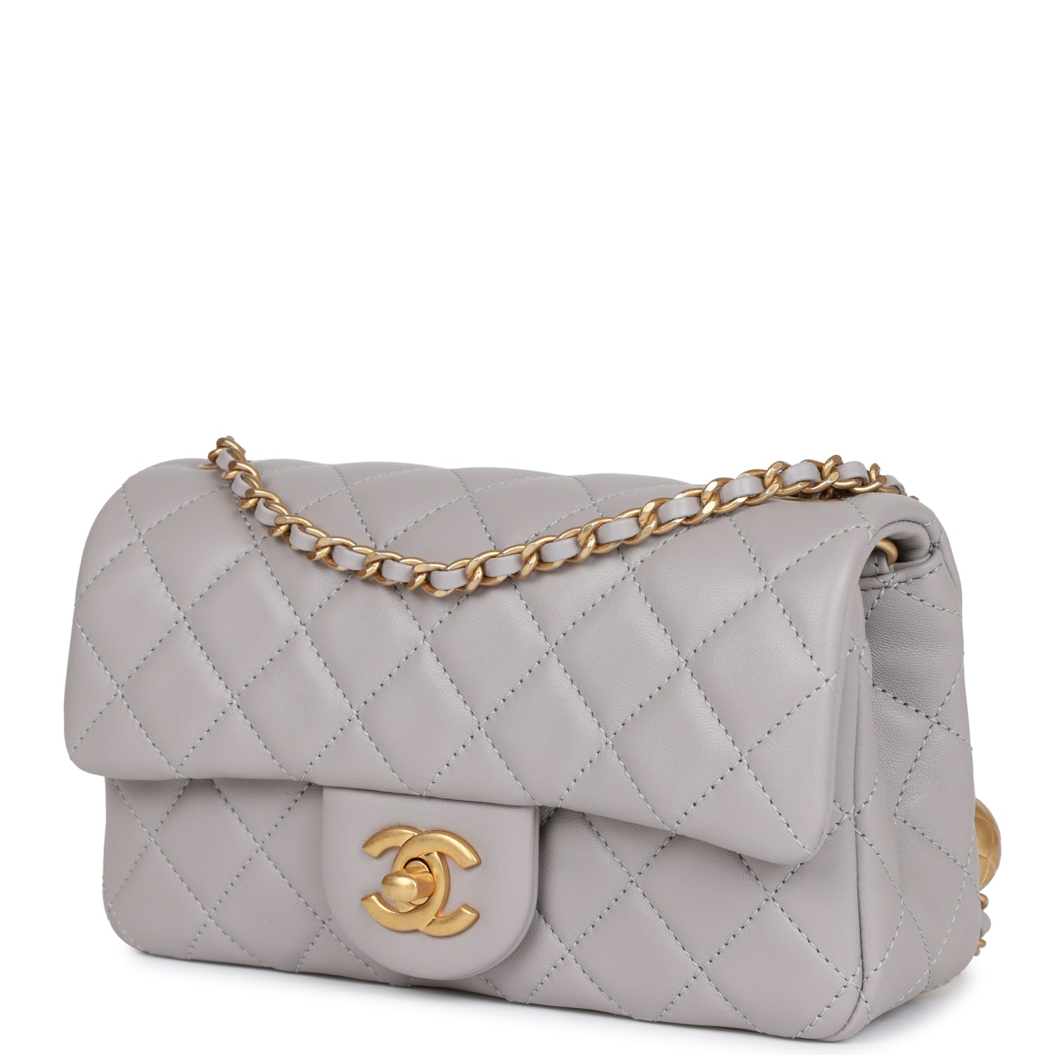 Chanel Classic Flag Bag Pearl Crush Mini Rectangular Flap Bag Light Grey   Antique Gold Hardware