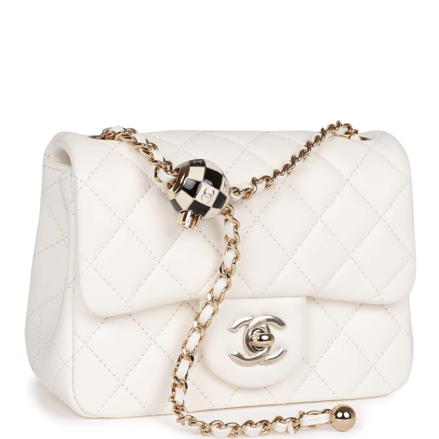 Chanel Classic Flag Bag Pearl Crush Mini Square Flap Bag White   Light Gold Hardware