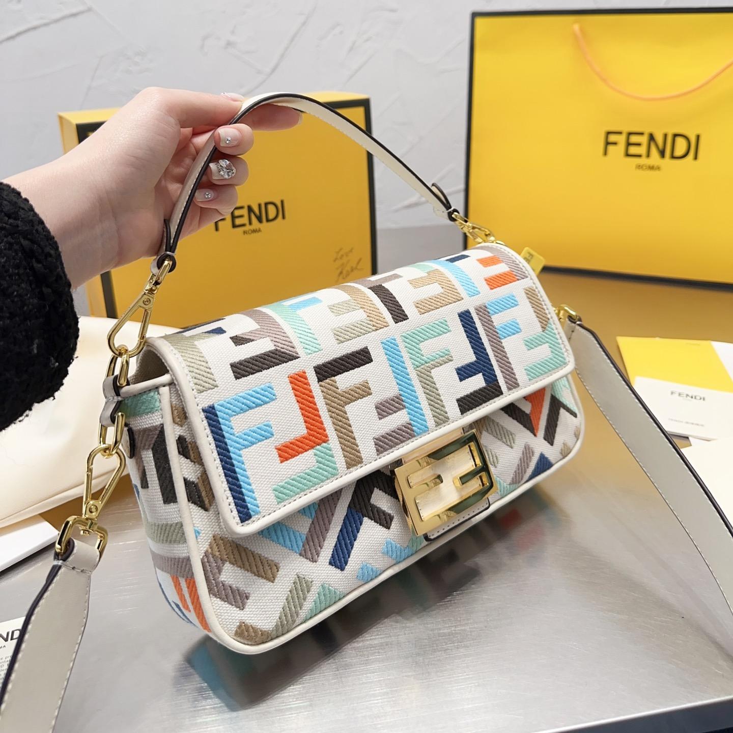 FENDI Baguette Multicolor canvas bag with FF embroidery
