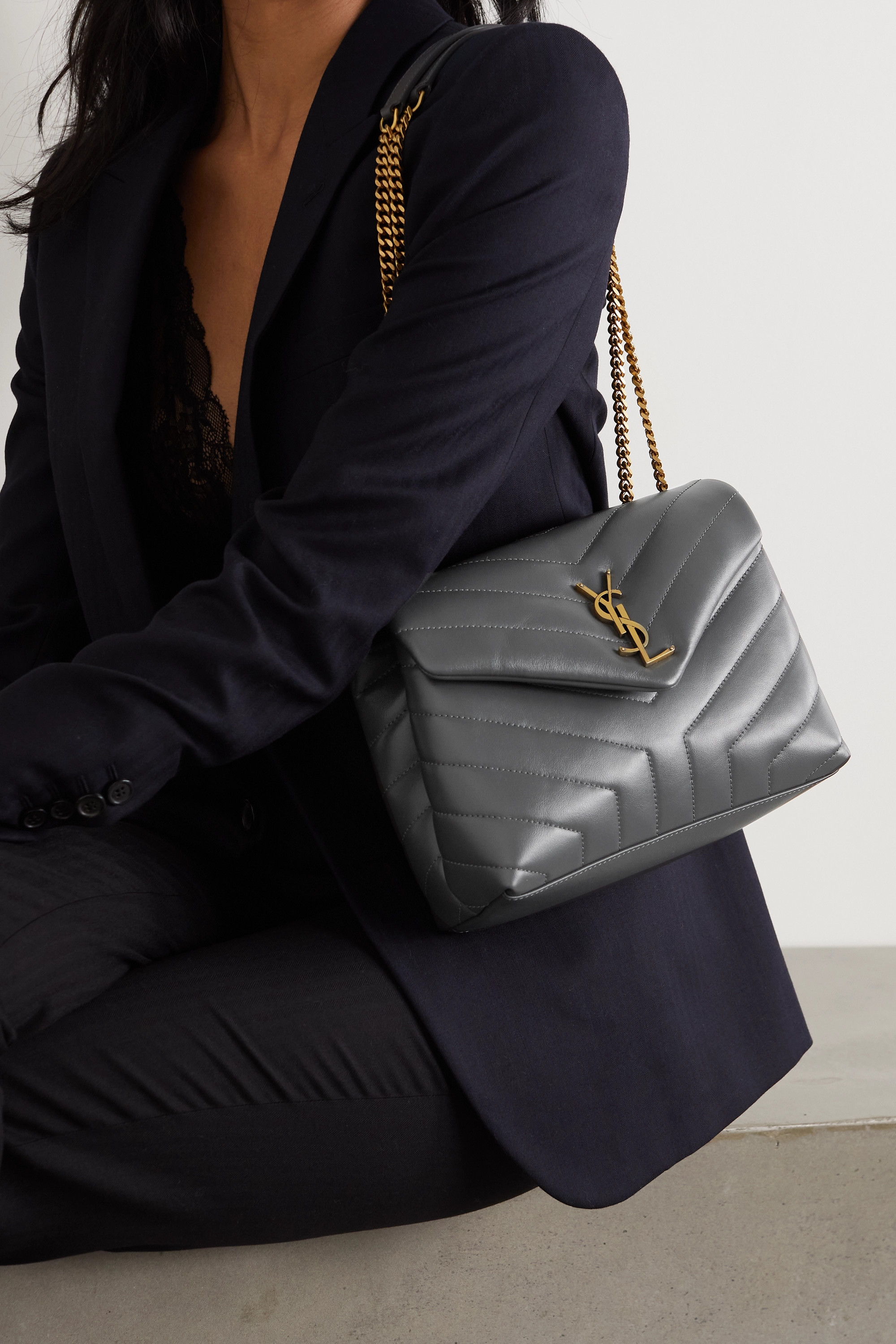 Saint Laurent YSL Loulou small quilted leather shoulder bag grey