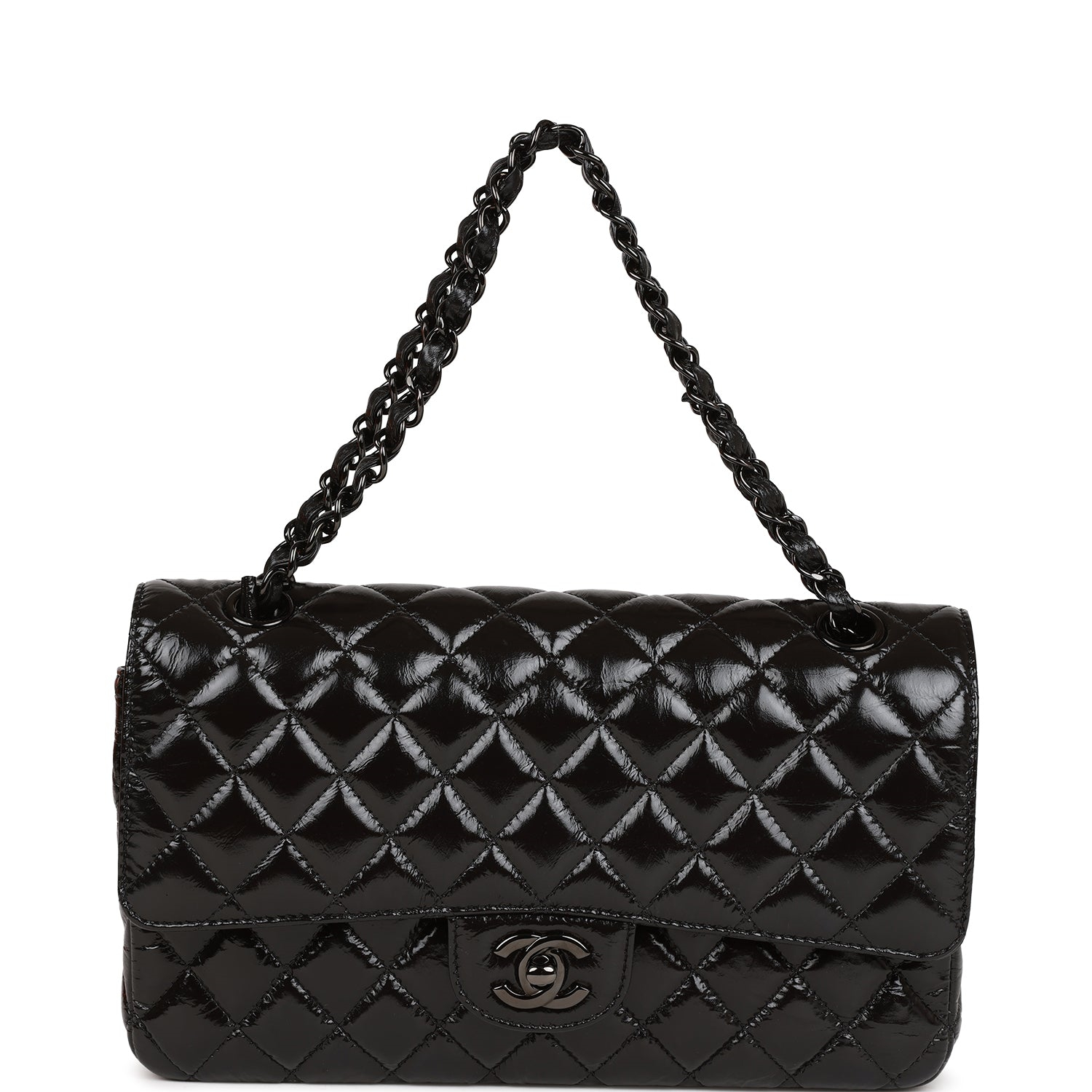 Chanel Shiny Crumpled Calfskin Quilted Medium Double Flap So Black