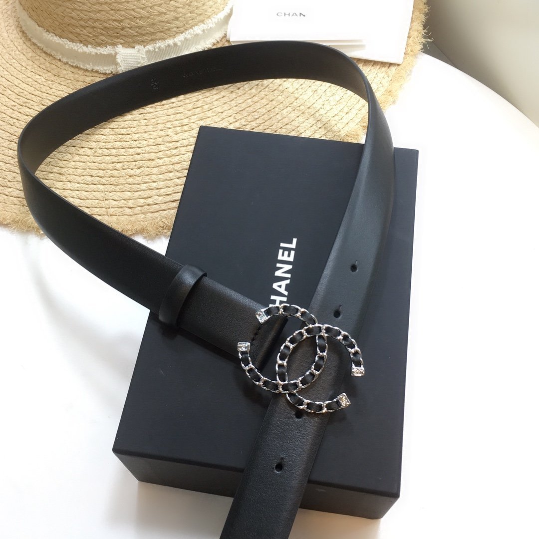 Chanel Belt With Double C Buckle Black with Silver mix Black Hardware Women Belt 30MM