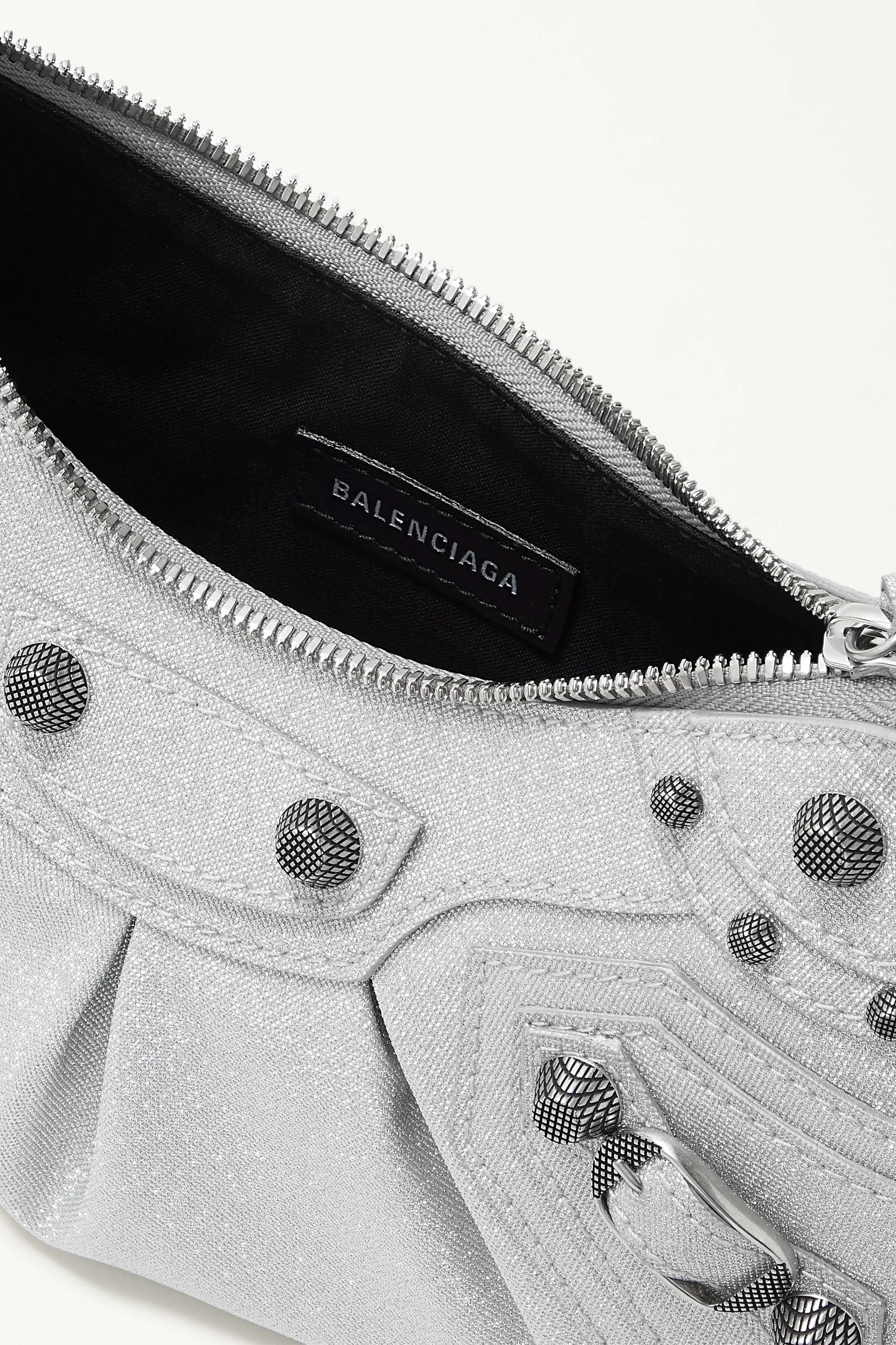 BALENCIAGA Le Cagole XS studded metallic canvas shoulder bag grey