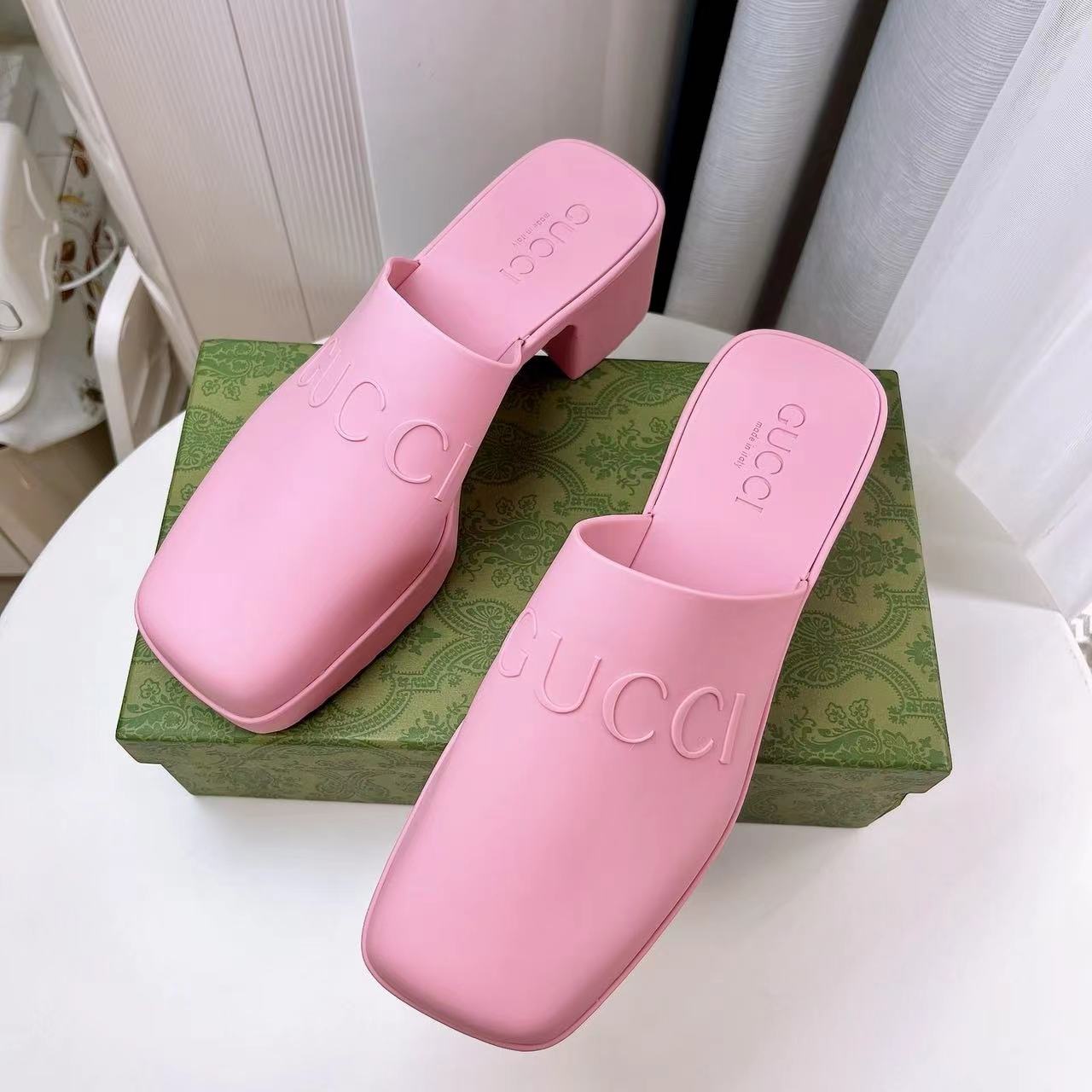 Gucci Shoes Open-Heel Bun Embossed Logo Chunky Heel Slide Sandal