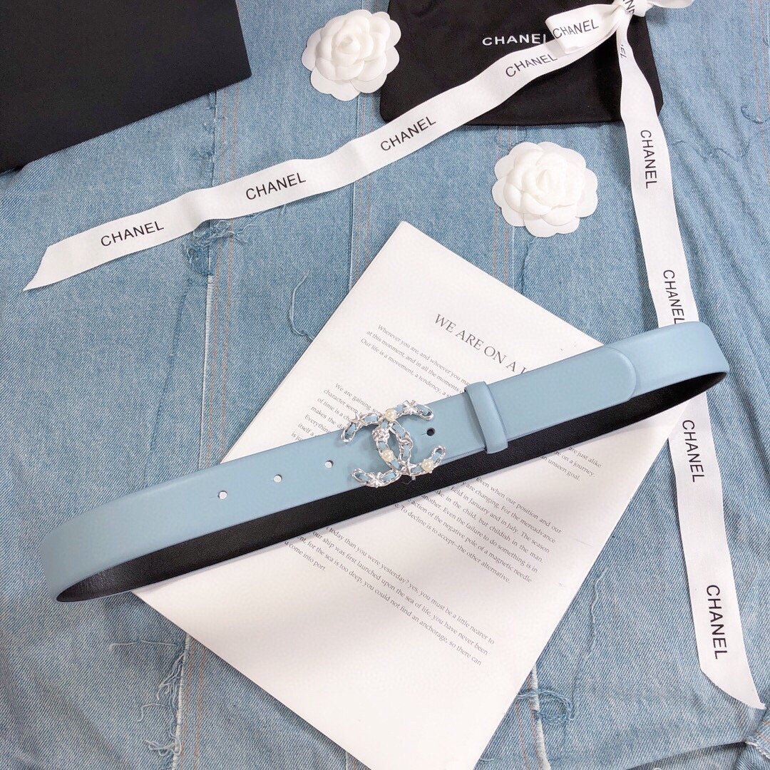 Chanel Belt With Double C Buckle Light Blue Silver Toned Hardware Women Belt 30MM