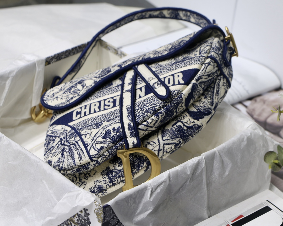 Dior Shoulder Bags SADDLE BAG Blue Toile de Jouy Embroidery M0446CTDT_M808