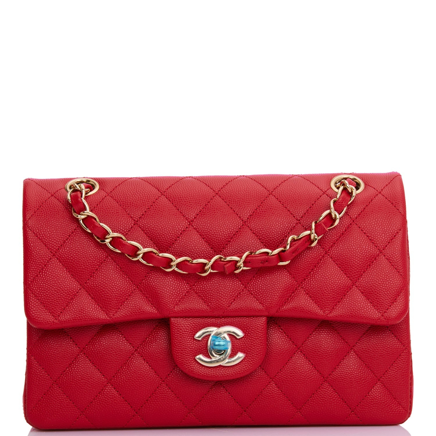 Chanel Classic Flag Bag Small Classic Double Flap Red Caviar Light Gold Hardware