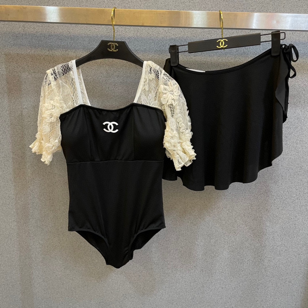 Chanel Lace Bathing Suit With Skirt Swimwear