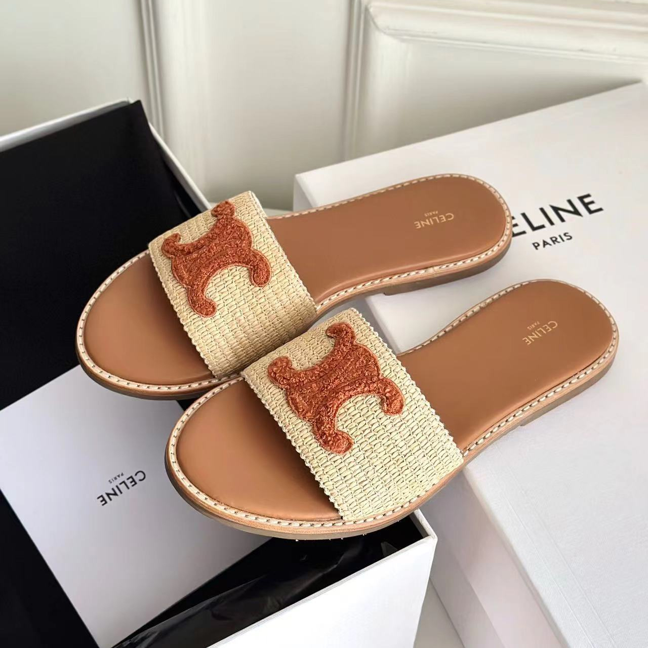 CELINE Women's Mule Sandals - Flat Sandals with Signature Logo