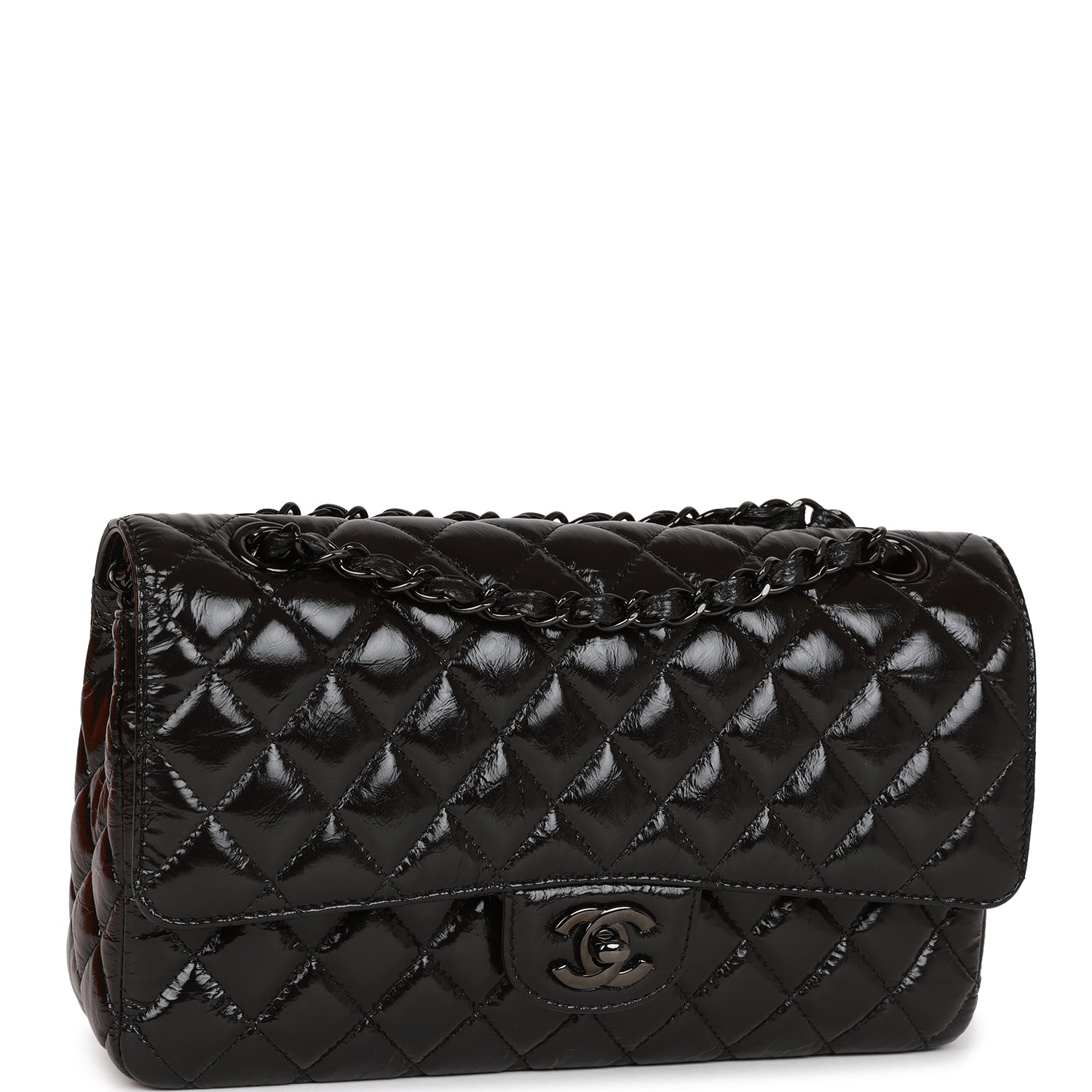 Chanel Shiny Crumpled Calfskin Quilted Medium Double Flap So Black