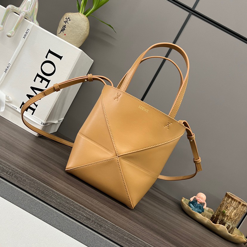 Loewe Mini Puzzle Fold Tote in shiny calfskin Brown