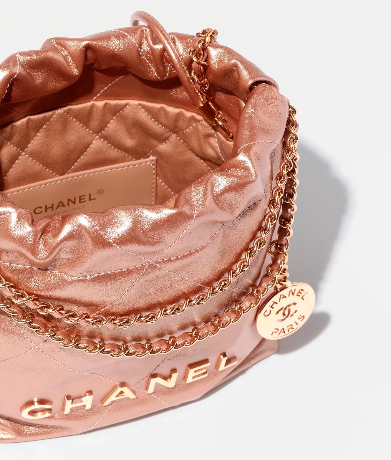 CHANEL 22 MINI HANDBAG Metallic Calfskin & Pink Gold-Tone Metal Copper