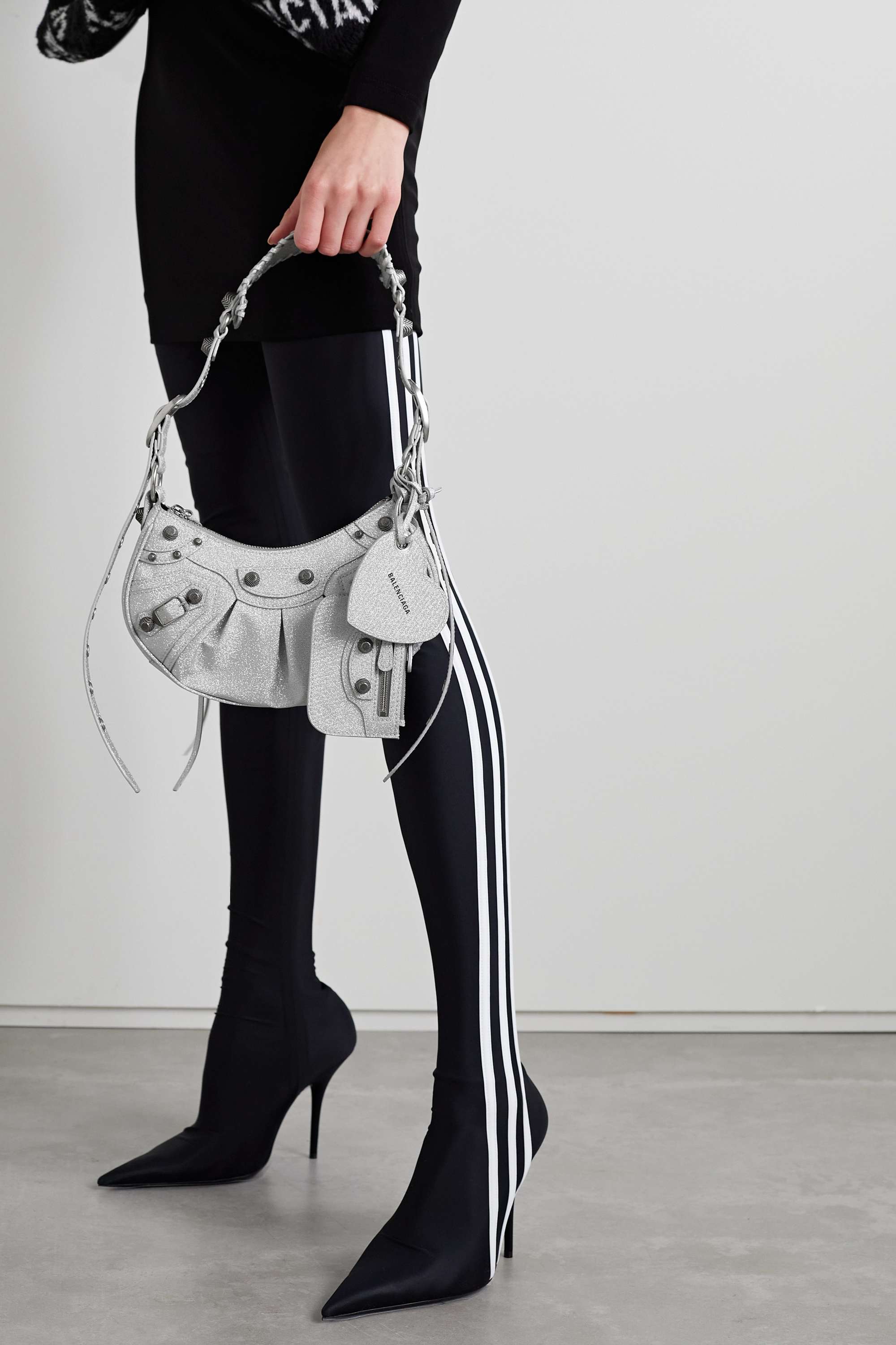 BALENCIAGA Le Cagole XS studded metallic canvas shoulder bag grey