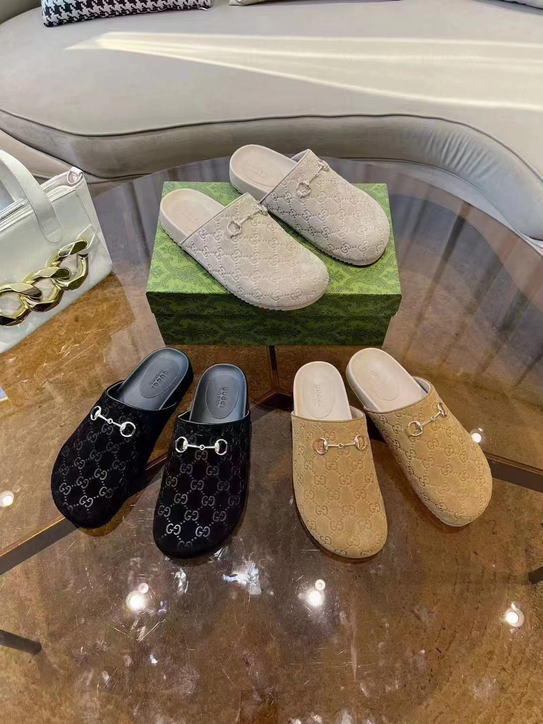 Gucci Horsebit GG suede mules