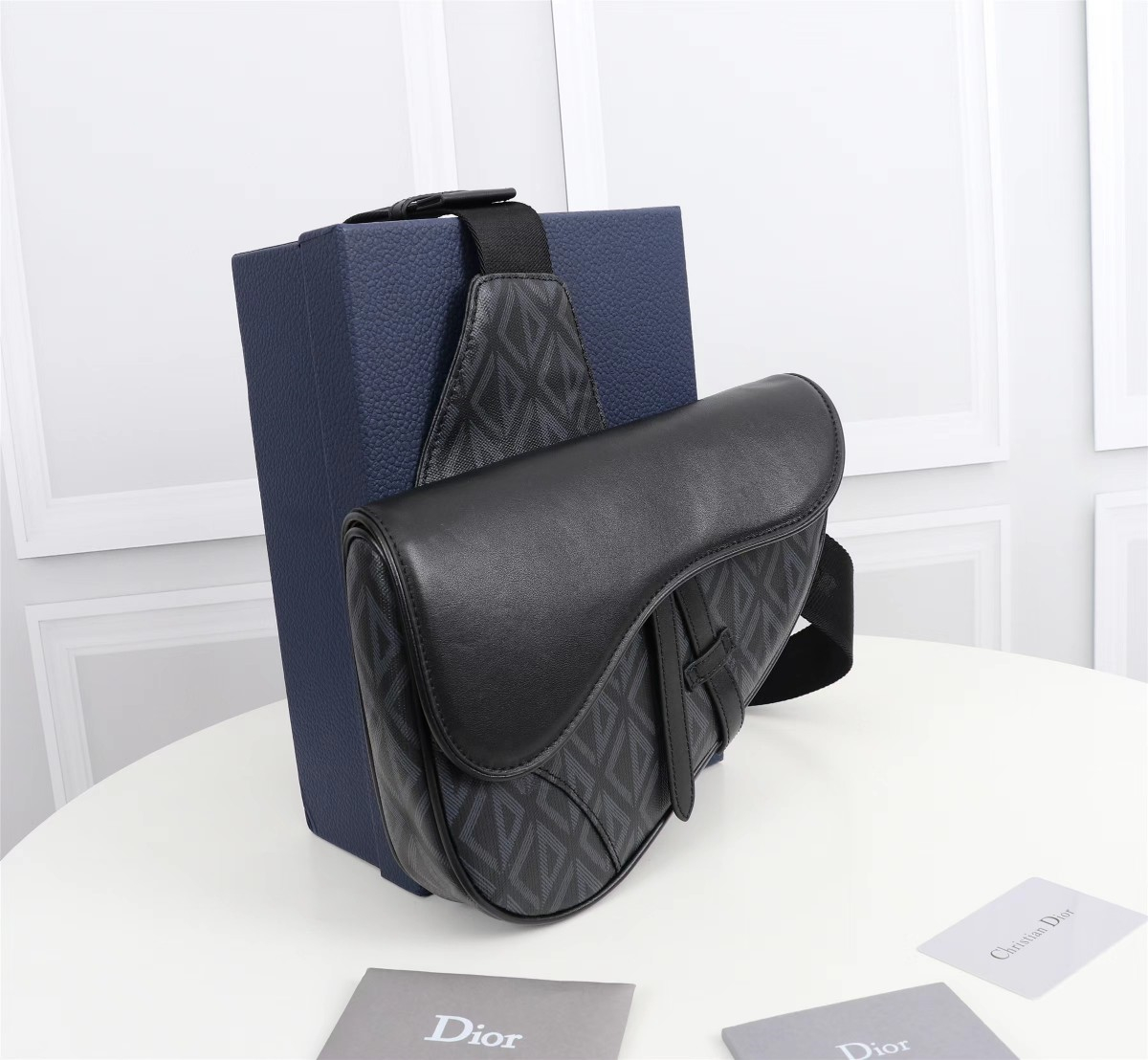 Dior Shoulder Bags SADDLE BAG Black CD Diamond Canvas and Smooth Calfskin 1ADPO093CDP_H43E with Original Box
