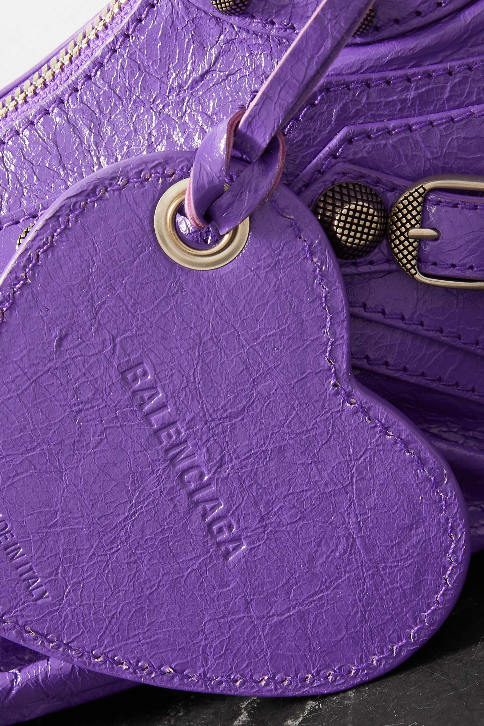 BALENCIAGA Le Cagole XS studded crinkled-leather shoulder bag purple