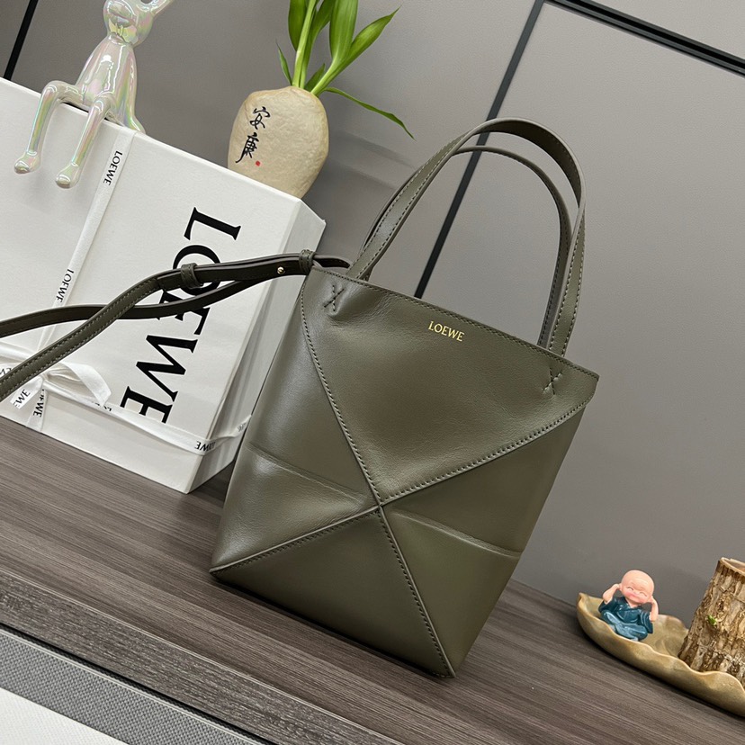 Loewe Mini Puzzle Fold Tote in shiny calfskin Green