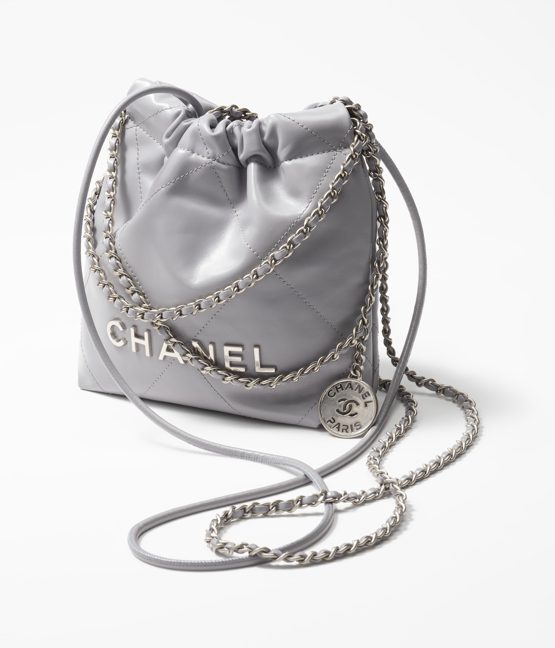 CHANEL 22 MINI HANDBAG Calfskin & Silver Metal Grey