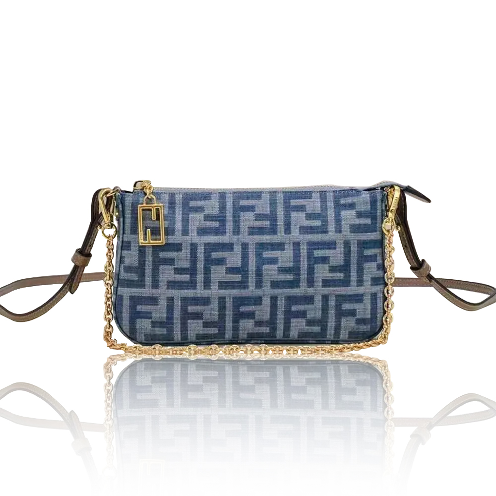 Fendi Baguette Light blue FF chain denim clutch bag