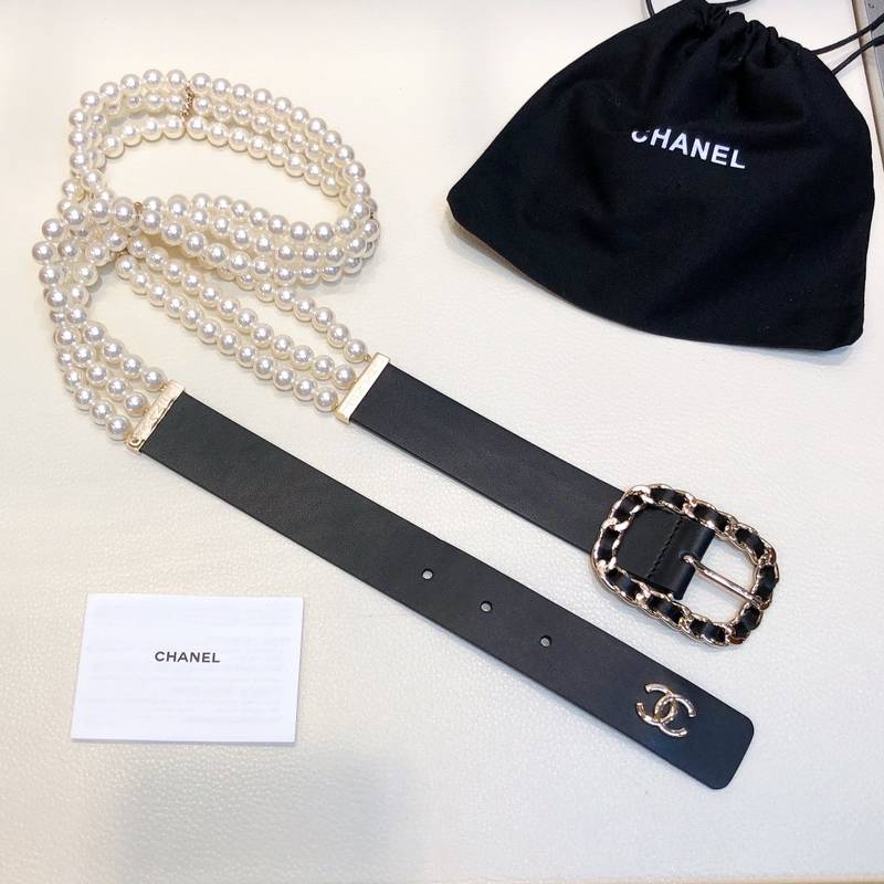 Chanel Belt In Black Imitation Pearls With Gold-Toned Square Metal and Strass Women Belt 30MM