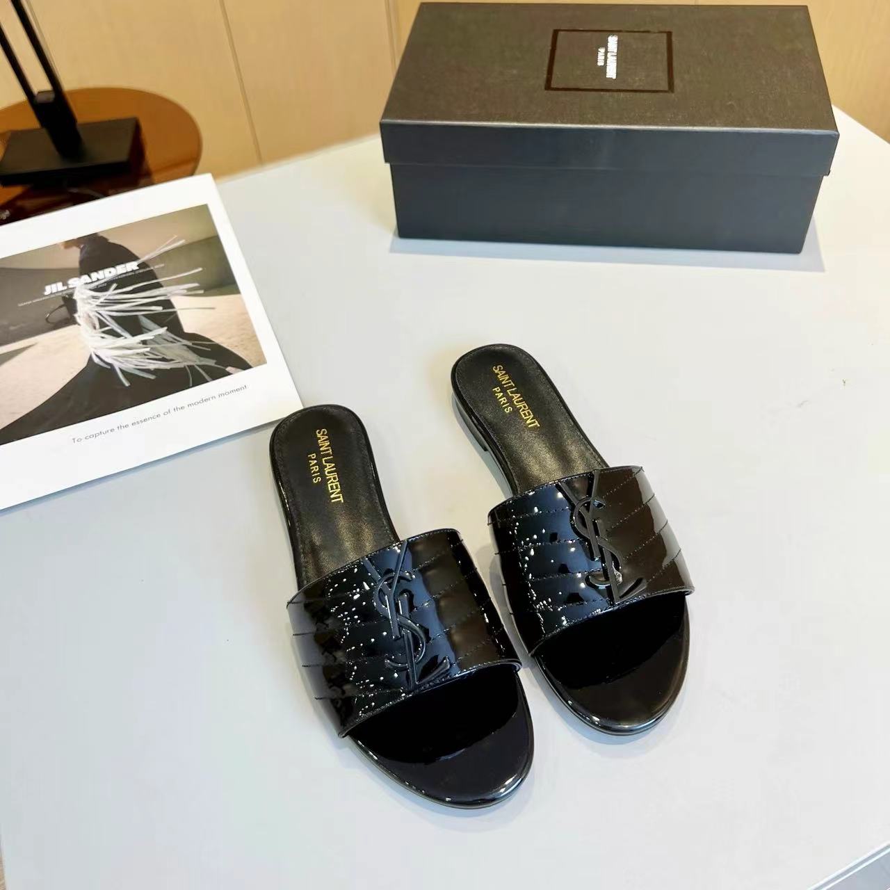 YSL Saint Laurent Black Label Slippers Patent Leather