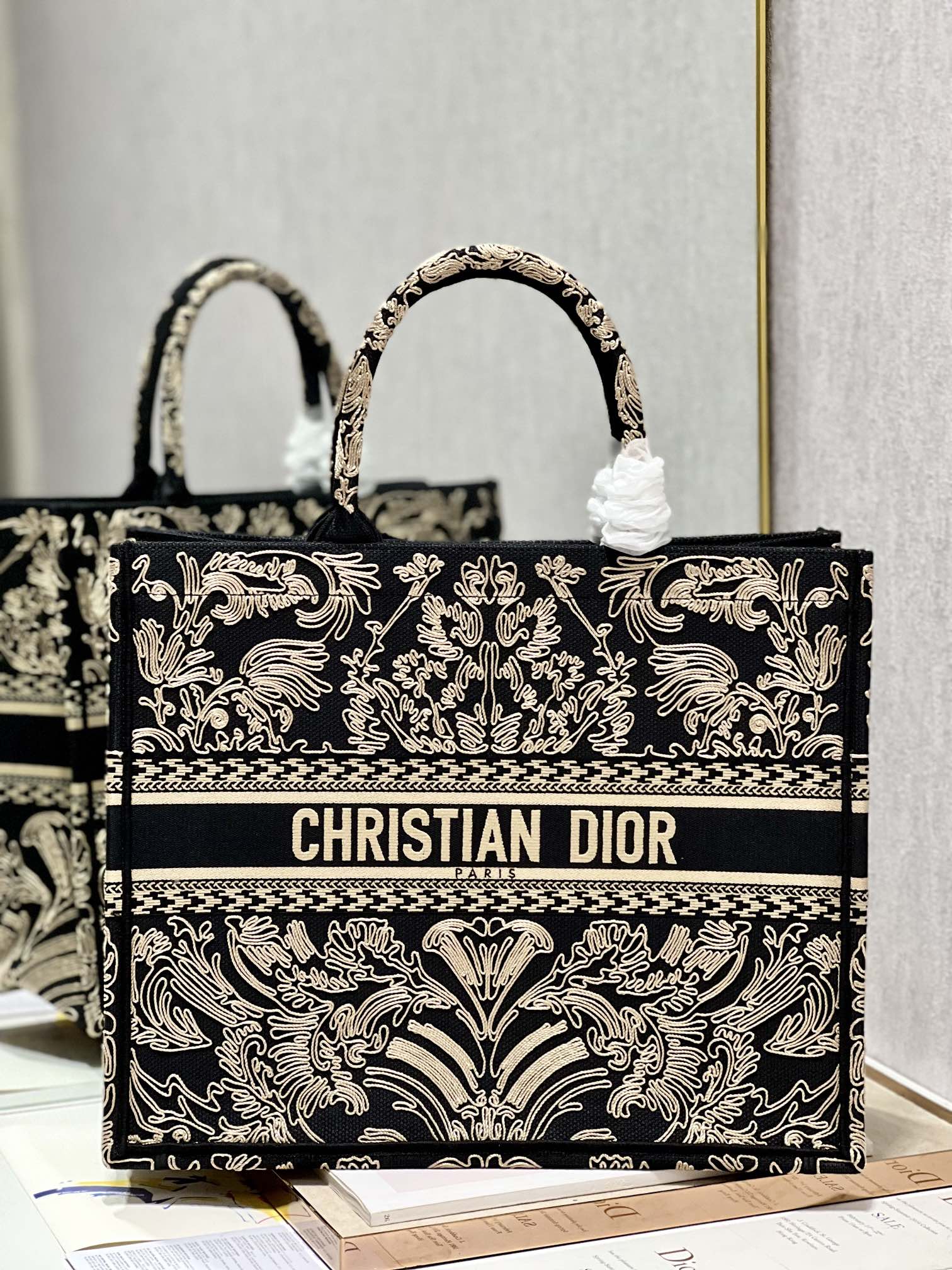 Dior Book Tote Large Black and White Ornamental Cornely-Effect Embroidery M1286ZMDR_M03C