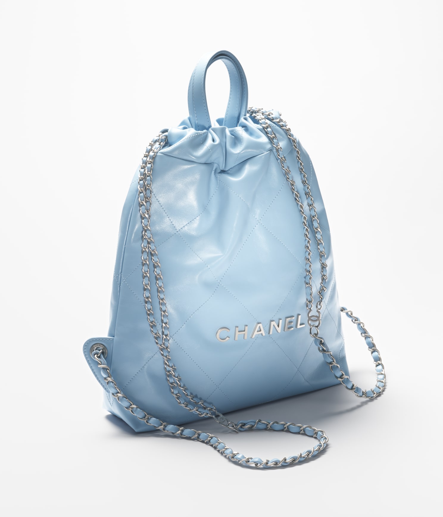 CHANEL 22 BACKPACK Calfskin & Silver Metal Light Blue