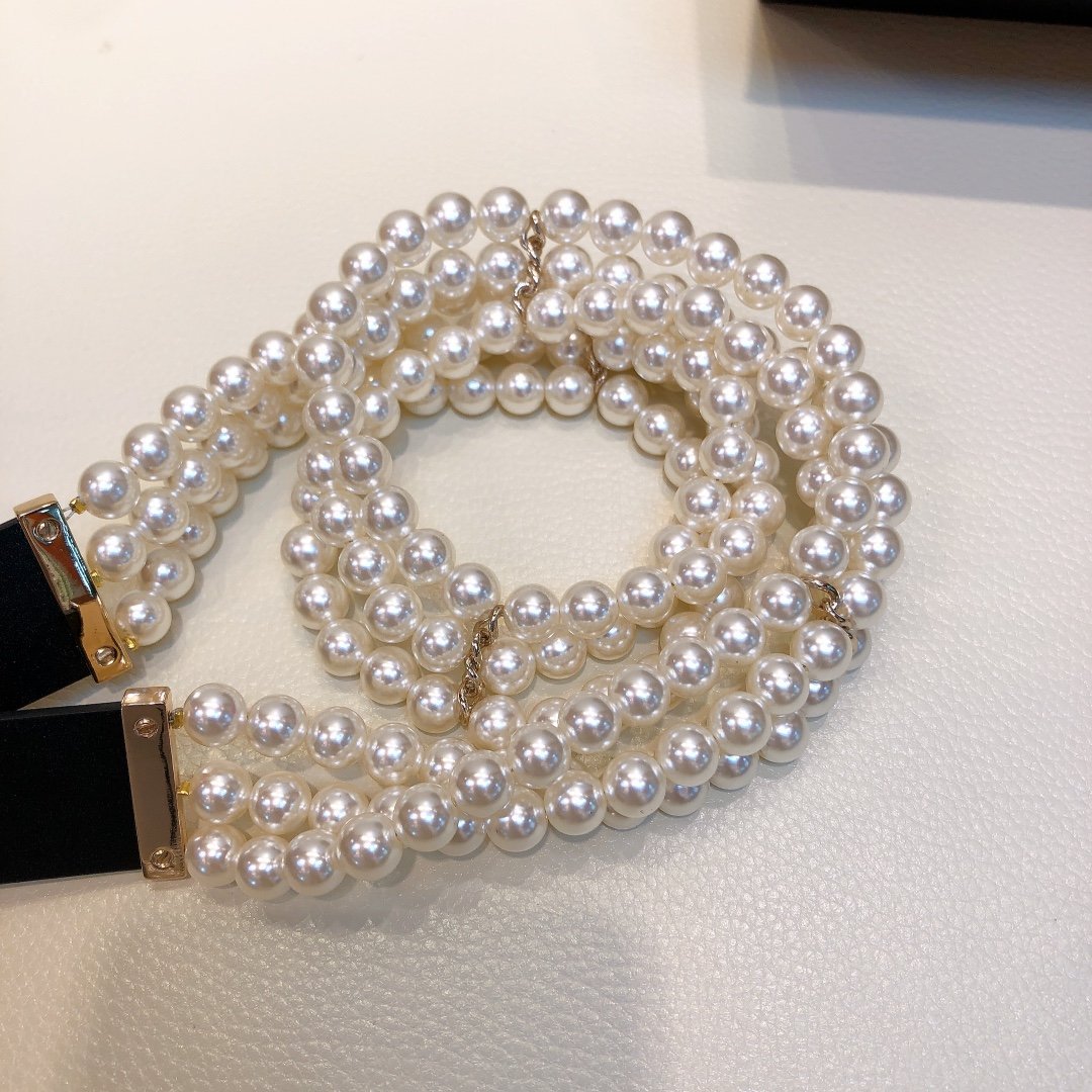 Chanel Belt In Black Imitation Pearls With Gold-Toned Square Metal and Strass Women Belt 30MM