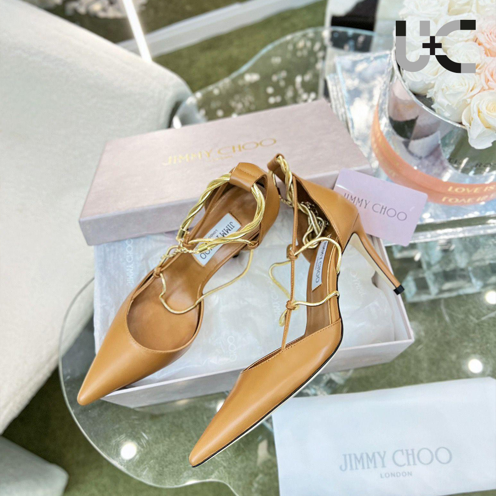 Jimmy Choo Sheepskin Spaghetti Strap Chain  Heels