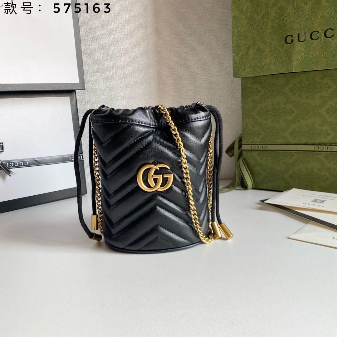 Gucci Marmont Drawstring Leather Bucket Bag