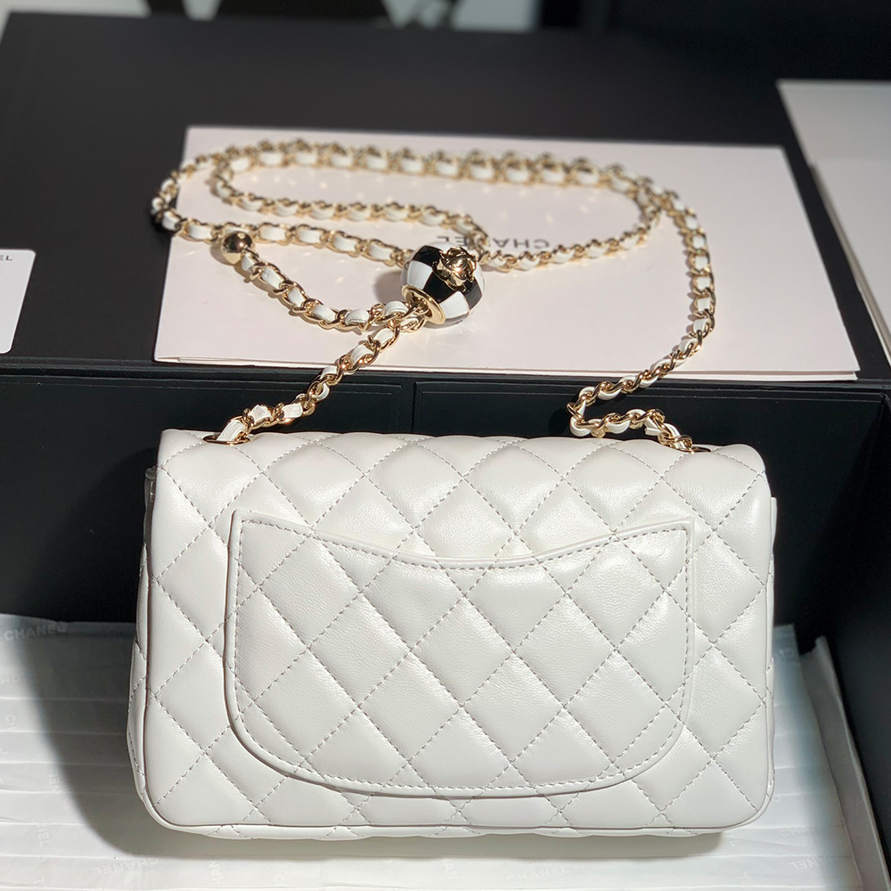 Chanel Classic Flag Bag Pearl Crush Mini Square Flap Bag White   Light Gold Hardware