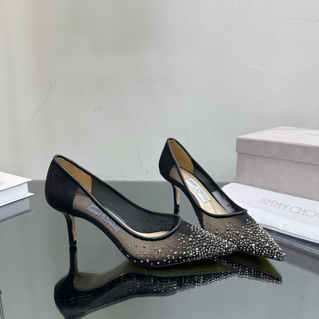 Jimmy Choo Black Mesh Pointed Stiletto Heels  Slide Sandal