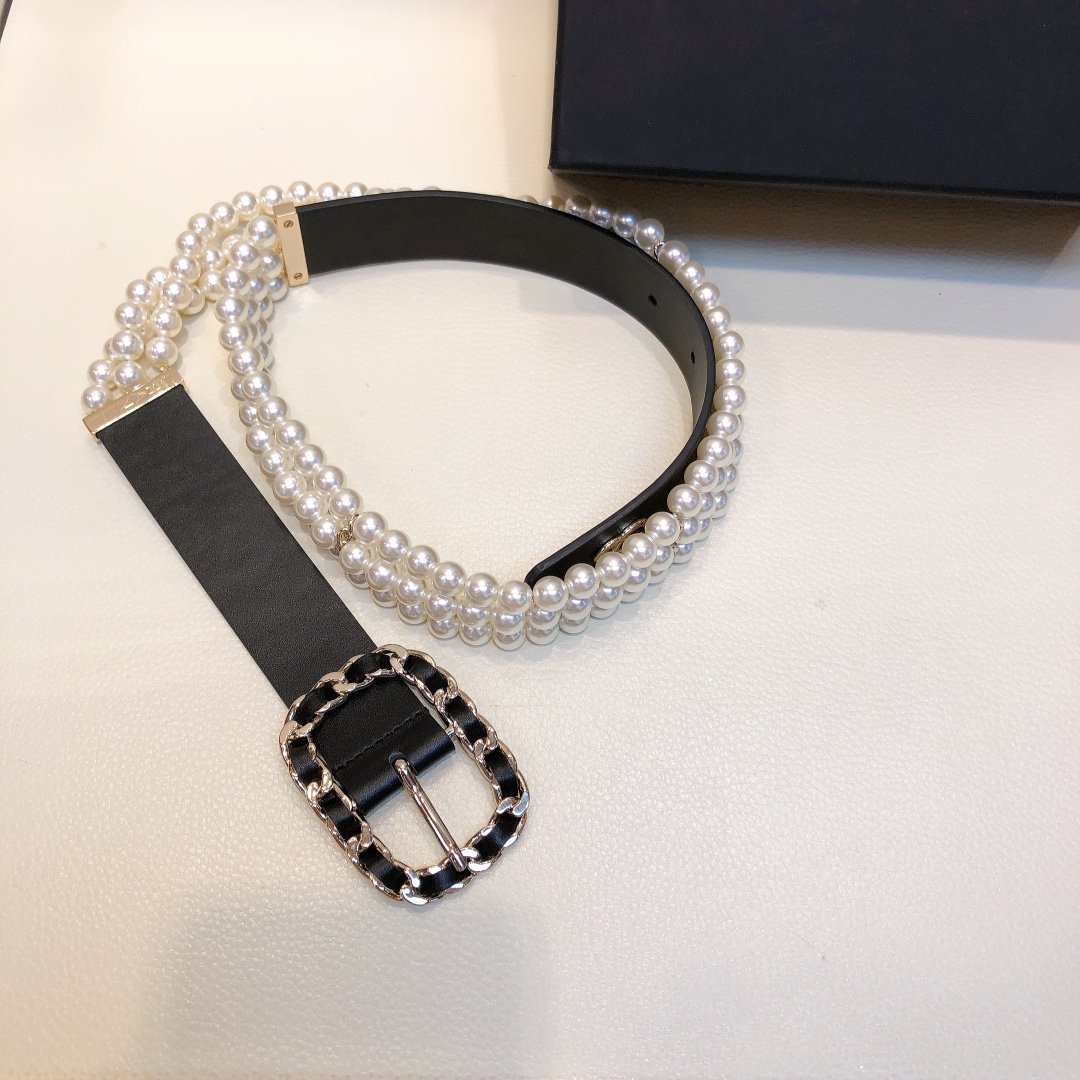 Chanel Belt In Black Imitation Pearls With Gold-Toned Square Metal and Strass Women Belt 30MM