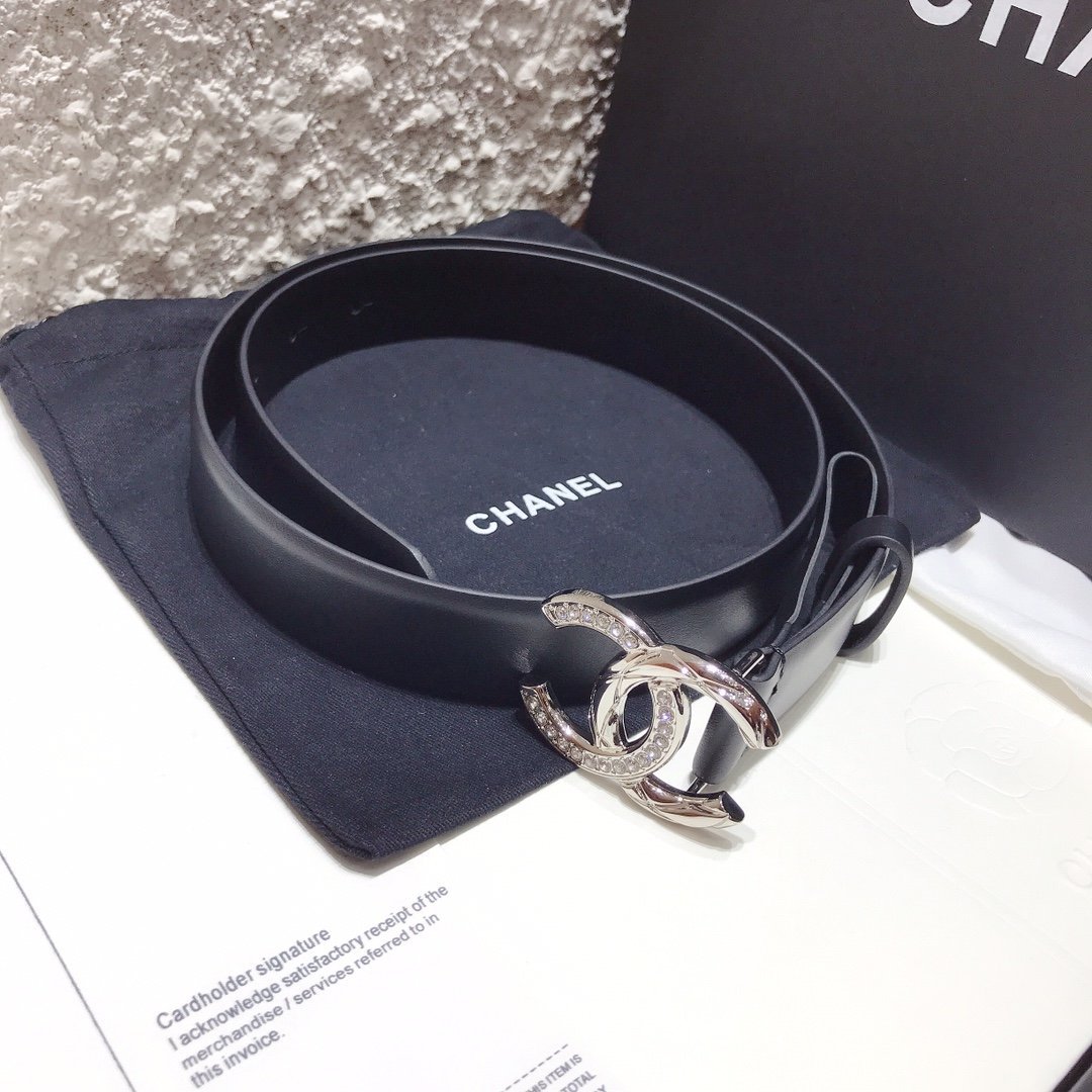 Chanel Black Belt With Double C Buckle Silver-Toned Metal Women Belt 30MM