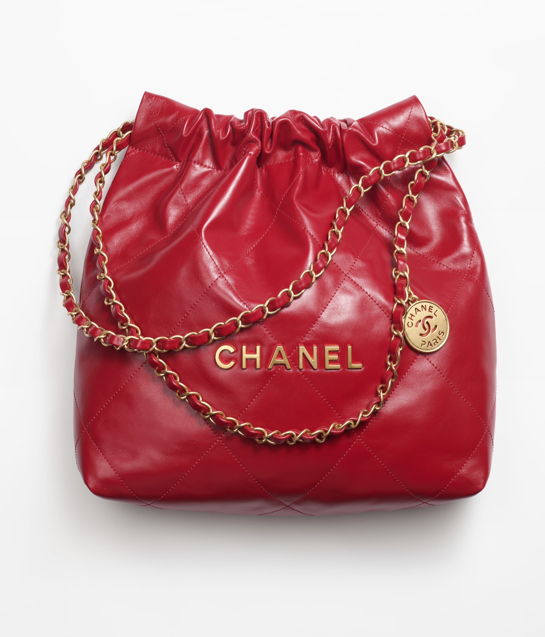 CHANEL 22 SMALL HANDBAG Calfskin & Silver Metal Red
