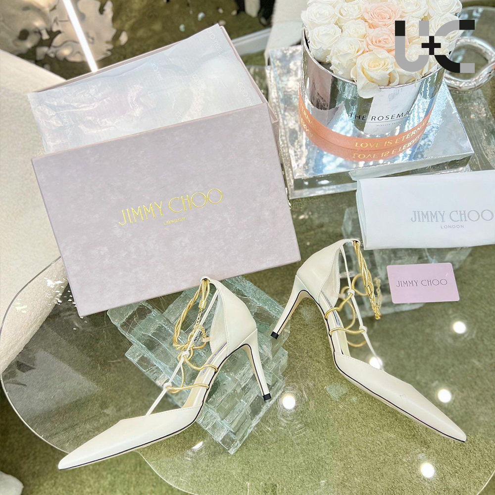 Jimmy Choo Sheepskin Spaghetti Strap Chain  Heels