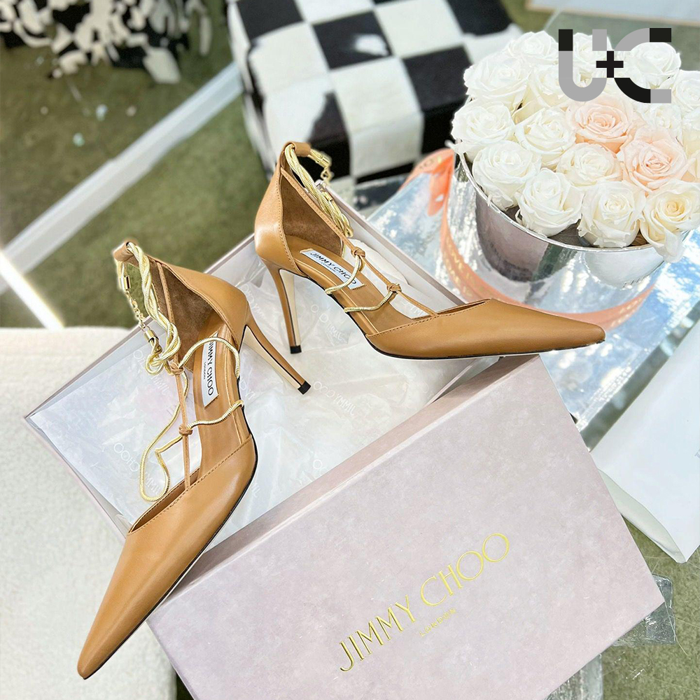 Jimmy Choo Sheepskin Spaghetti Strap Chain  Heels