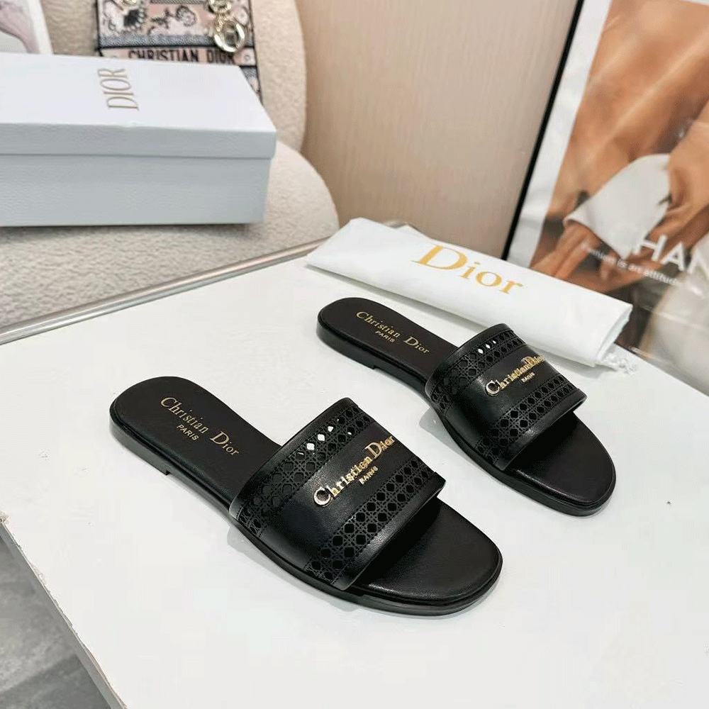 DIOR Lane black hollow rattan pattern slide sandals