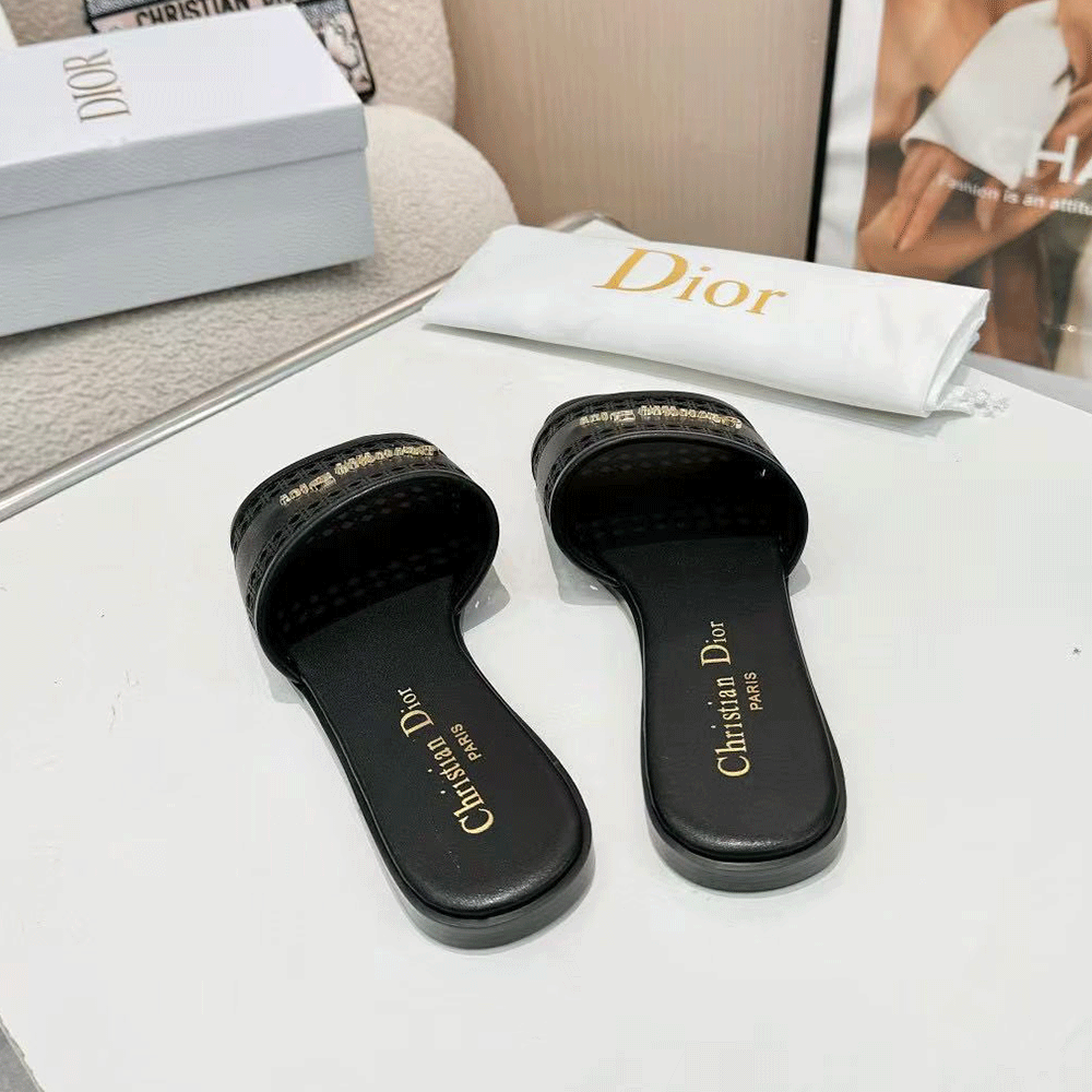 DIOR Lane black hollow rattan pattern slide sandals