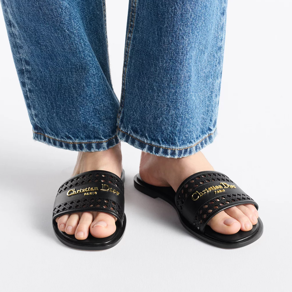 DIOR Lane black hollow rattan pattern slide sandals