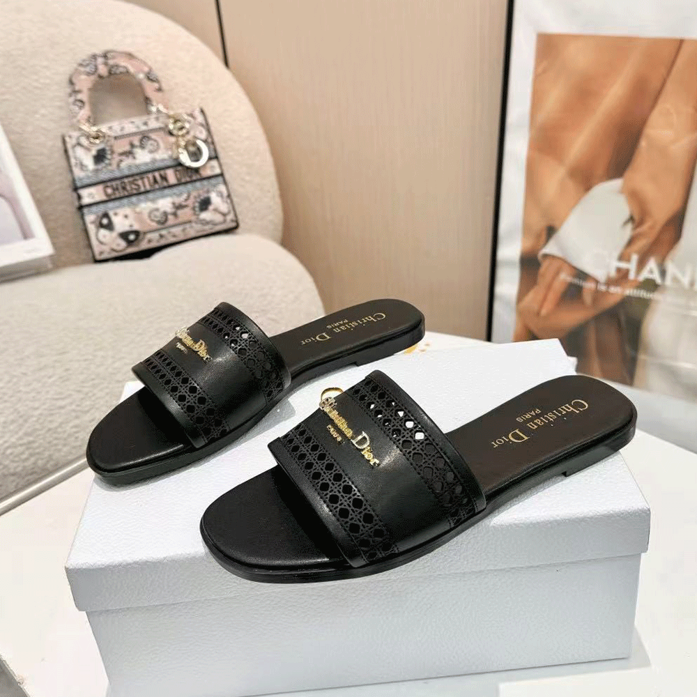 DIOR Lane black hollow rattan pattern slide sandals