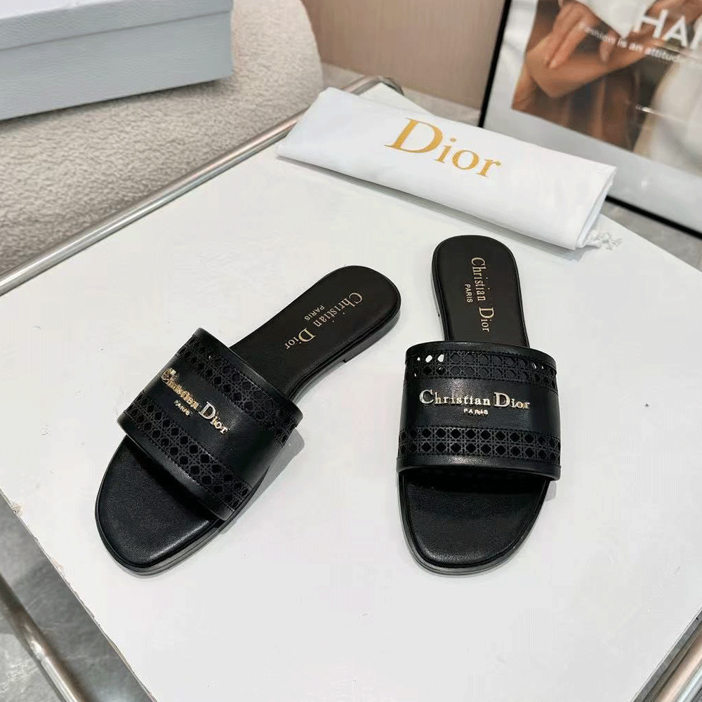 DIOR Lane black hollow rattan pattern slide sandals