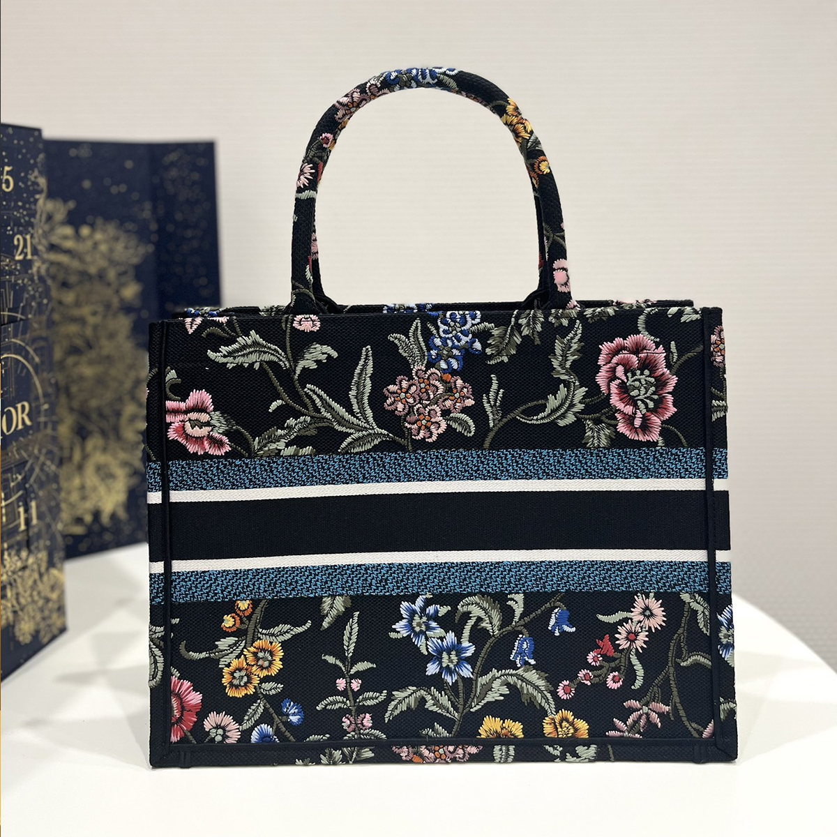 Dior Book Tote Medium Black Multicolor Dior Petites Fleurs Embroidery M1296ZEAU_M911