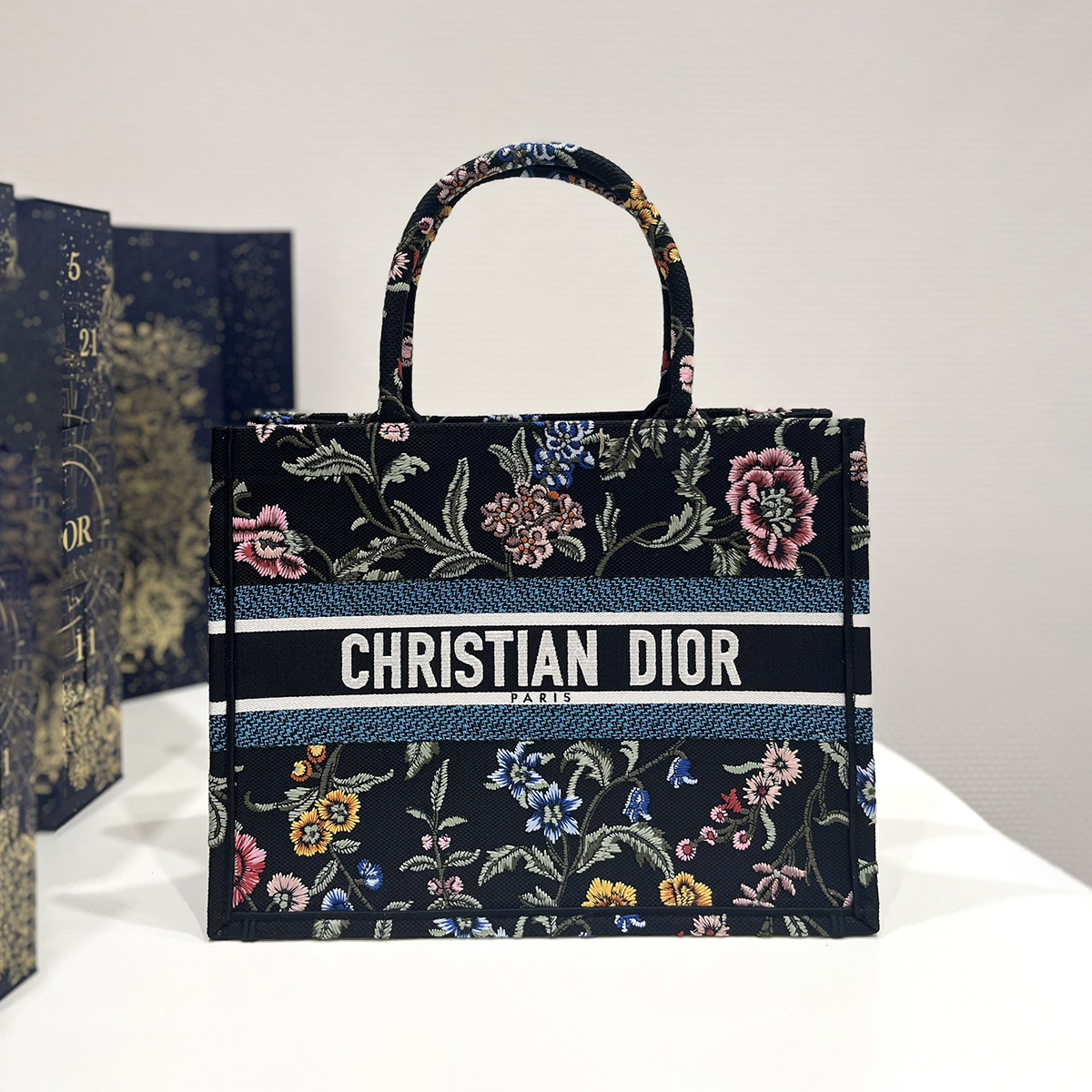 Dior Book Tote Medium Black Multicolor Dior Petites Fleurs Embroidery M1296ZEAU_M911
