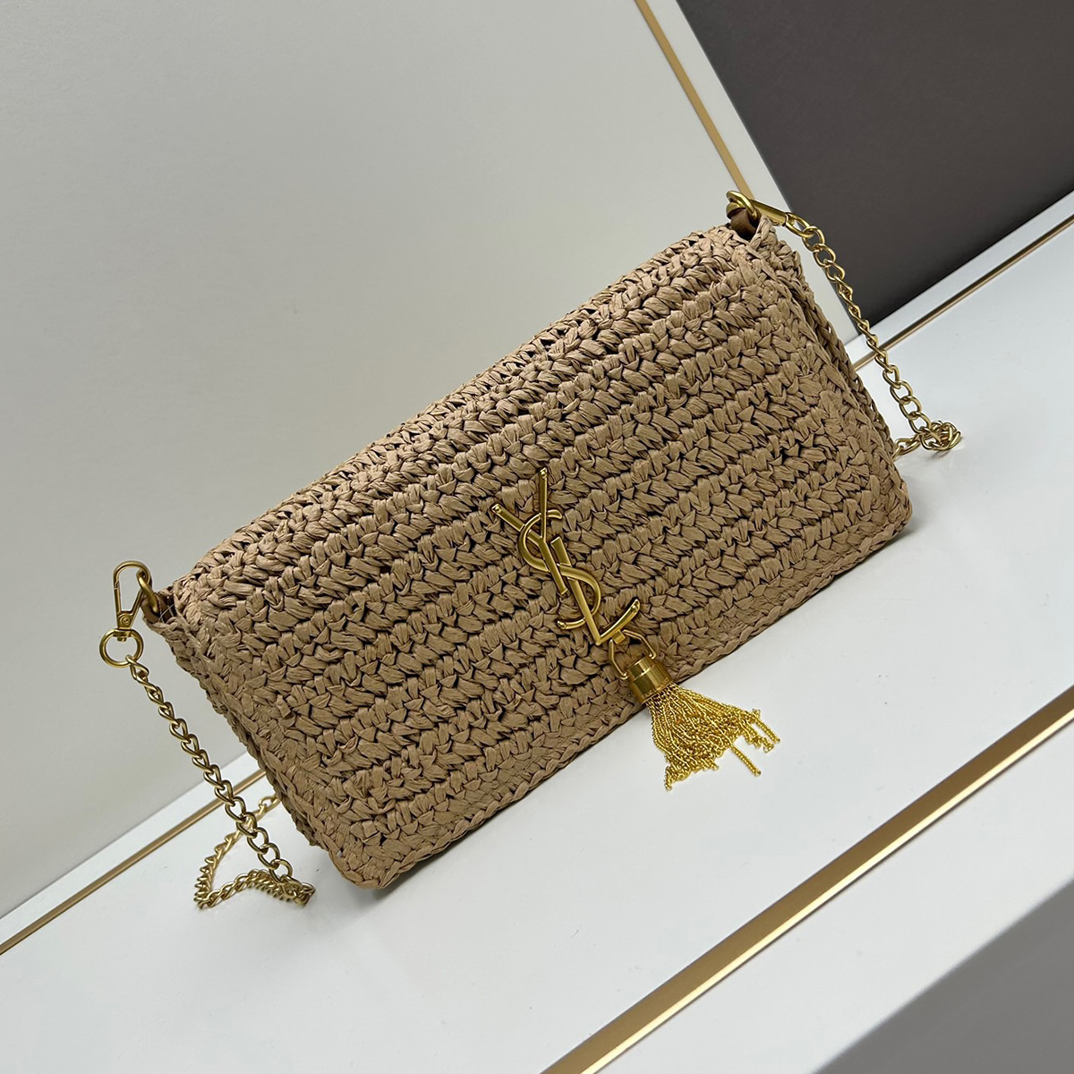 Saint Laurent Kate 99 Shoulder Bag Dark Nude Raffia